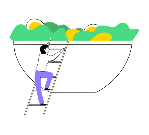 Man Climbing into Salad Bowl  Illustration