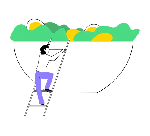 Man Climbing into Salad Bowl  Illustration