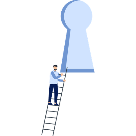 Man Climbing Ladder Reaching Keyhole  of Opportunity  Illustration