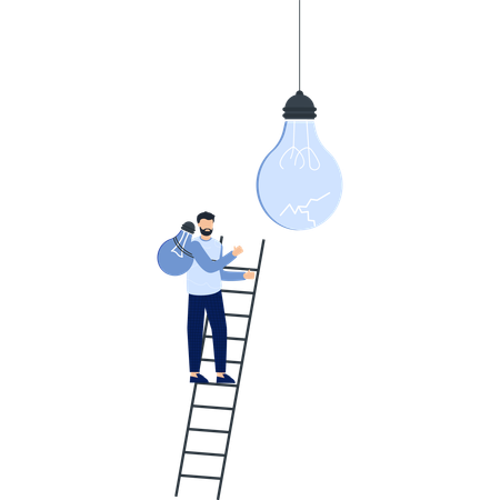 Man Climbing Ladder to Light Bulb Carrying Another  Illustration