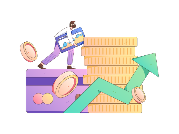 Man climbing on credit card while doing financial analysis  Illustration