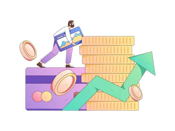 Man climbing on credit card while doing financial analysis  Illustration