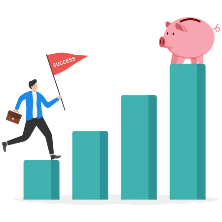 Pink Piggy Bank Holding Success Flag On Top Of Graph Modern Vector Illustration In Flat Style Illustration