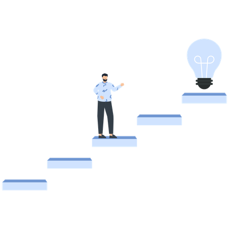 Man Climbing Steps Towards a Lightbulb Idea and Success  Illustration