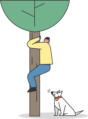 Man climbing tree to be safe from dog  Illustration