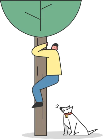 Man climbing tree to be safe from dog  Illustration