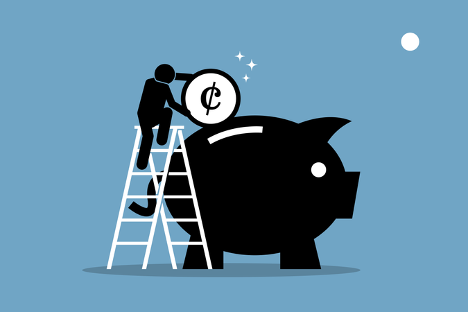 Man climbing up on a ladder and putting money into a big piggy bank  Illustration