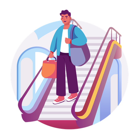 Man climbs down from market Escalator  Illustration