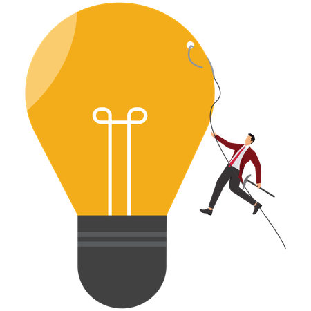 Man climbs rope to top of light bulb  Illustration