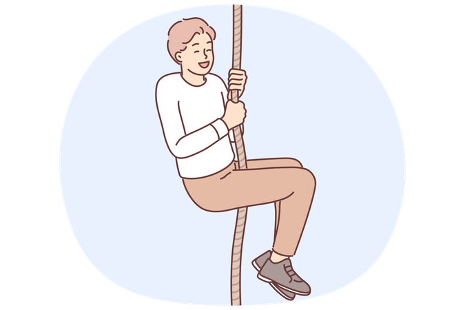 Man climbs up rope rejoicing in own success in achieving new goals or getting rid of fear of heights  Illustration