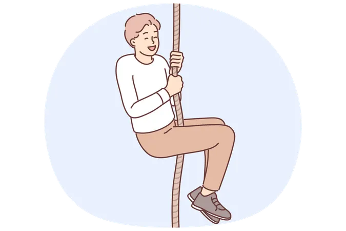 Man climbs up rope rejoicing in own success in achieving new goals or getting rid of fear of heights  Illustration