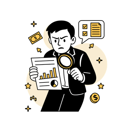 Man Close-up Analyzing Investment Report  Illustration