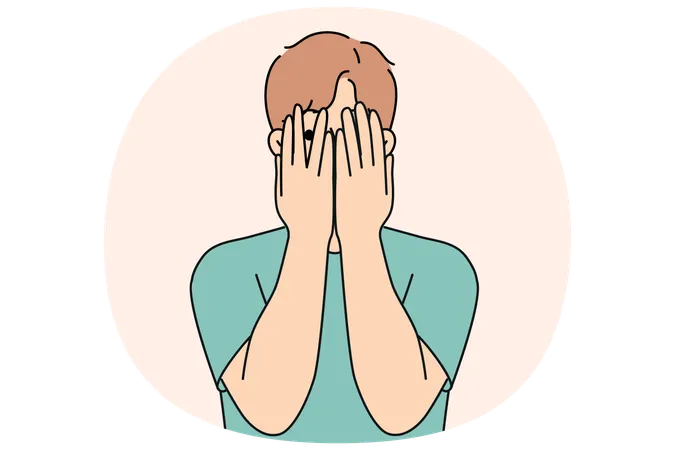 Man closes eyes with hands and peeps while feeling excited in anticipation of panic  Illustration