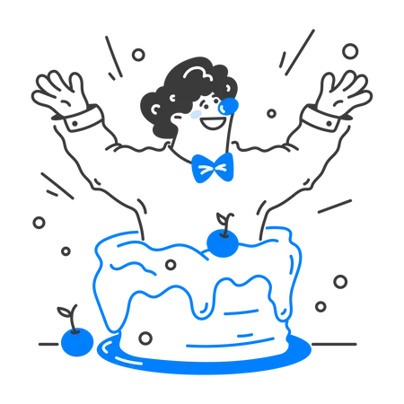 Man clown jumped out of the cake  Illustration