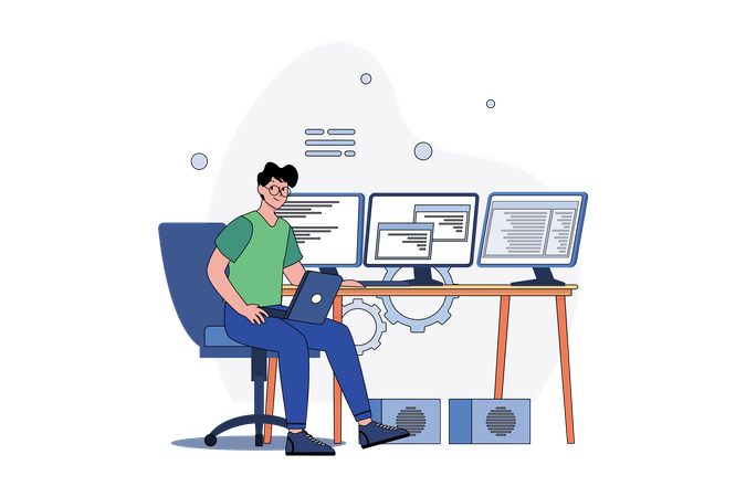 Man Coder a développé du code dans un ordinateur  Illustration