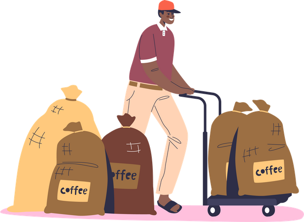 Man coffee farm production worker loading canvas sacks with coffee beans for delivery  Illustration