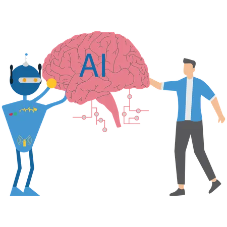 Man collaborating with ai brain collaboration  Illustration