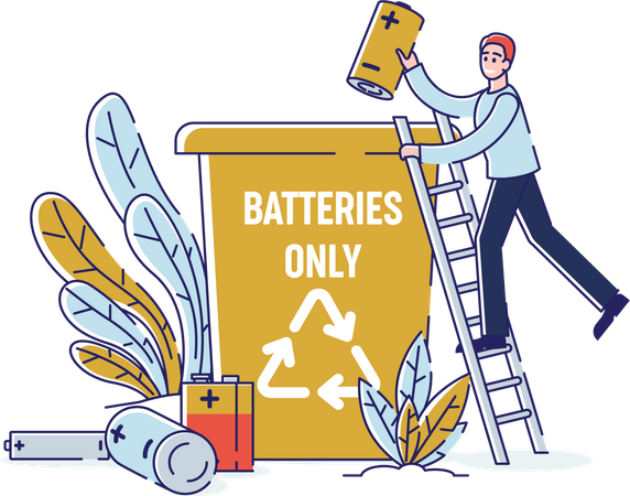 Man Collect Used Batteries And Throw Into Garbage Container Illustration