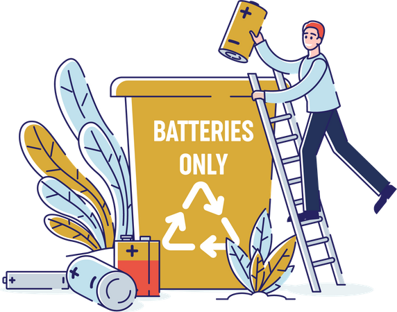 Man Collect Used Batteries And Throw Into Garbage Container  イラスト