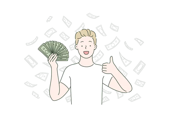 Passive Income Profit Cashback Concept Guy Or Man Holding Dollars Very Happy And Excited Winner Expression Celebrating Victory Screaming With Smile And Shows The Gesture Like Simple Flat Vector Illustration
