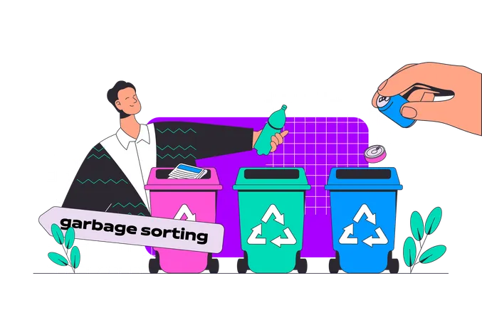 Waste Management Concept In Modern Flat Design For Web Man Collecting And Sorting Garbage In Different Trash Bin For Recycling Plant Vector Illustration For Social Media Banner Marketing Material Illustration