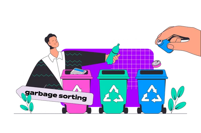 Man collecting and sorting garbage in different trash bin for recycling plant  Illustration