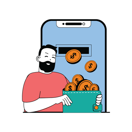 Man collecting cash in digital wallet  Illustration