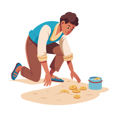 Man collecting coins from beach  Illustration