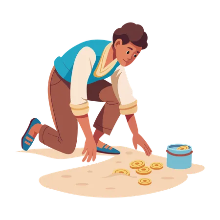 Man collecting coins from beach  Illustration