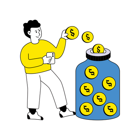 Man collecting coins in jar  Illustration