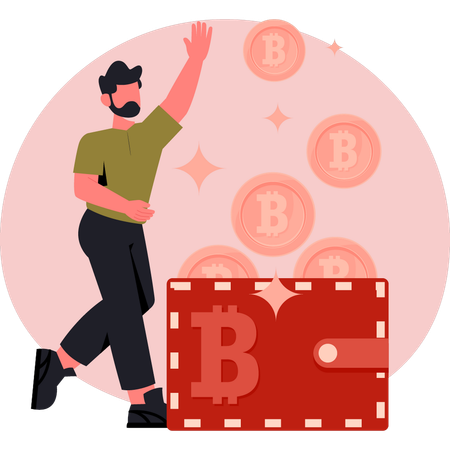 Man collecting crypto coins in wallet  Illustration