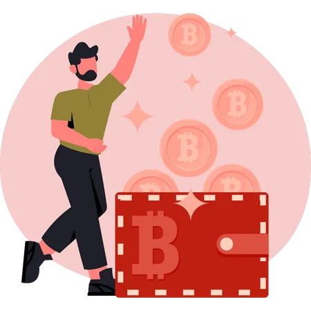 Man collecting crypto coins in wallet  Illustration