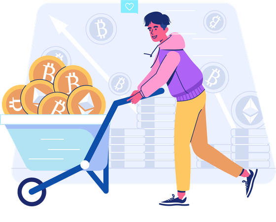 Man collecting cryptocurrency mining reward  Illustration