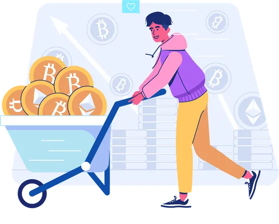 Man collecting cryptocurrency mining reward  Illustration