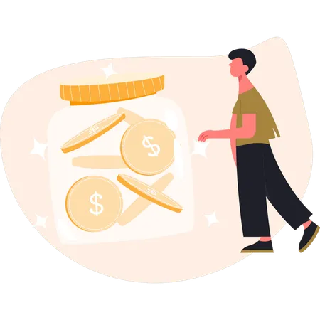 Man collecting dollar coin in jar  Illustration