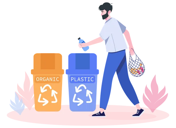 Man collecting garbage and throw in bin Illustration