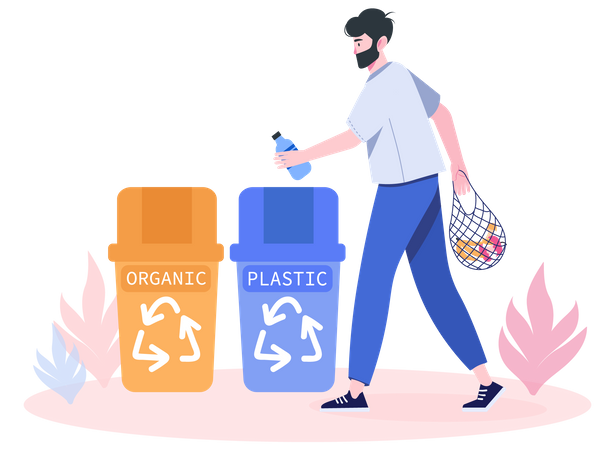 Man collecting garbage and throw in bin  Illustration