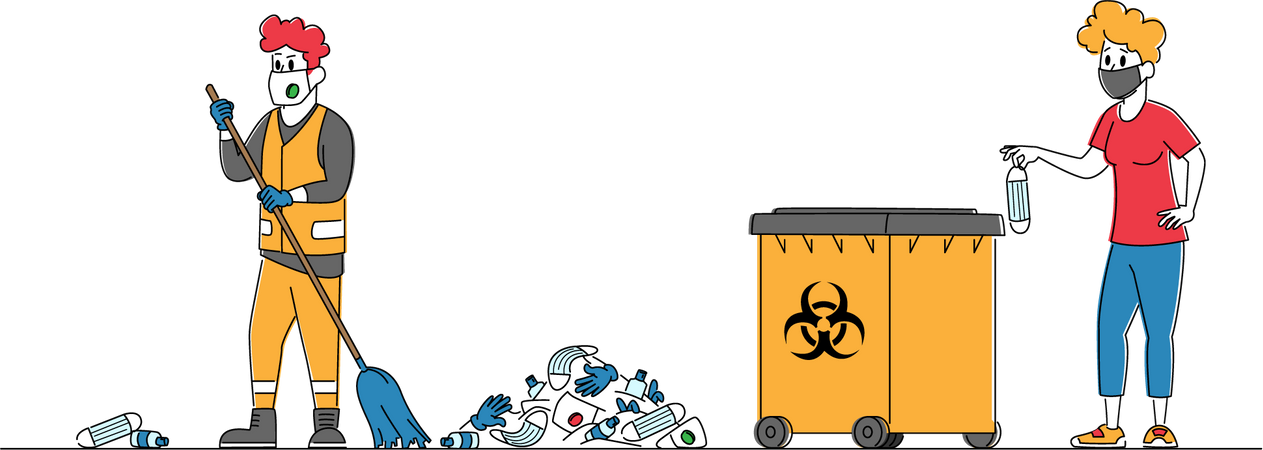 Man Collecting Garbage and Woman Throw Medical Mask  イラスト
