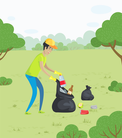 Man Collecting Garbage in Park  Illustration
