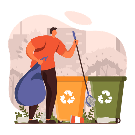 Man collecting garbage using garbage stick Illustration