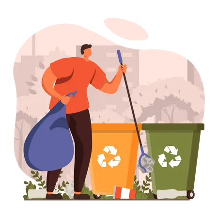 Man collecting garbage using garbage stick Illustration