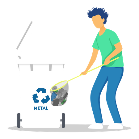 Man collecting metal and throw in metal bin  Illustration