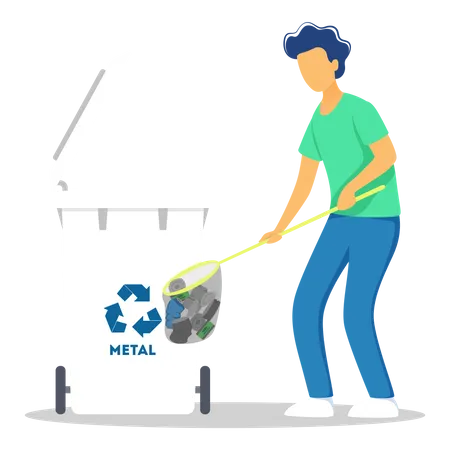 Man collecting metal and throw in metal bin  Illustration