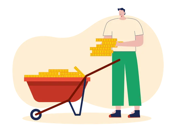 Man collecting money into wheelbarrow  Illustration