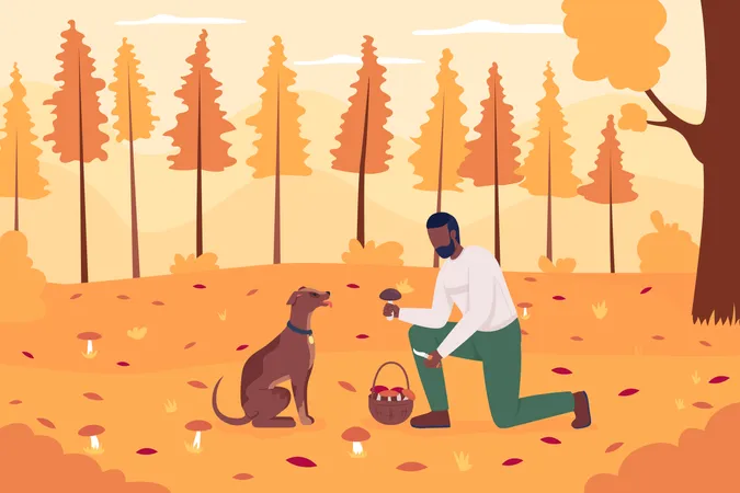 Man collecting mushrooms with pet dog  Illustration