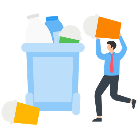 Man collecting plastic trash in garbage bin  Illustration