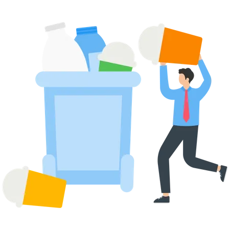 Man collecting plastic trash in garbage bin  Illustration