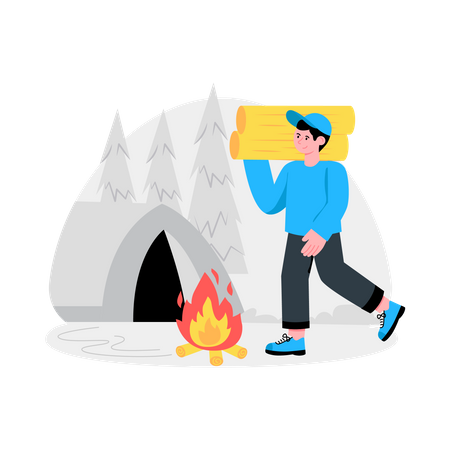 Man Collecting Wood For Campfire  Illustration