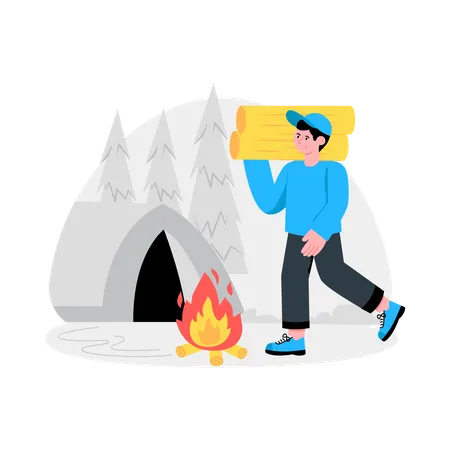 Man Collecting Wood For Campfire  Illustration