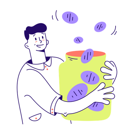 Man collects coins in jar  Illustration